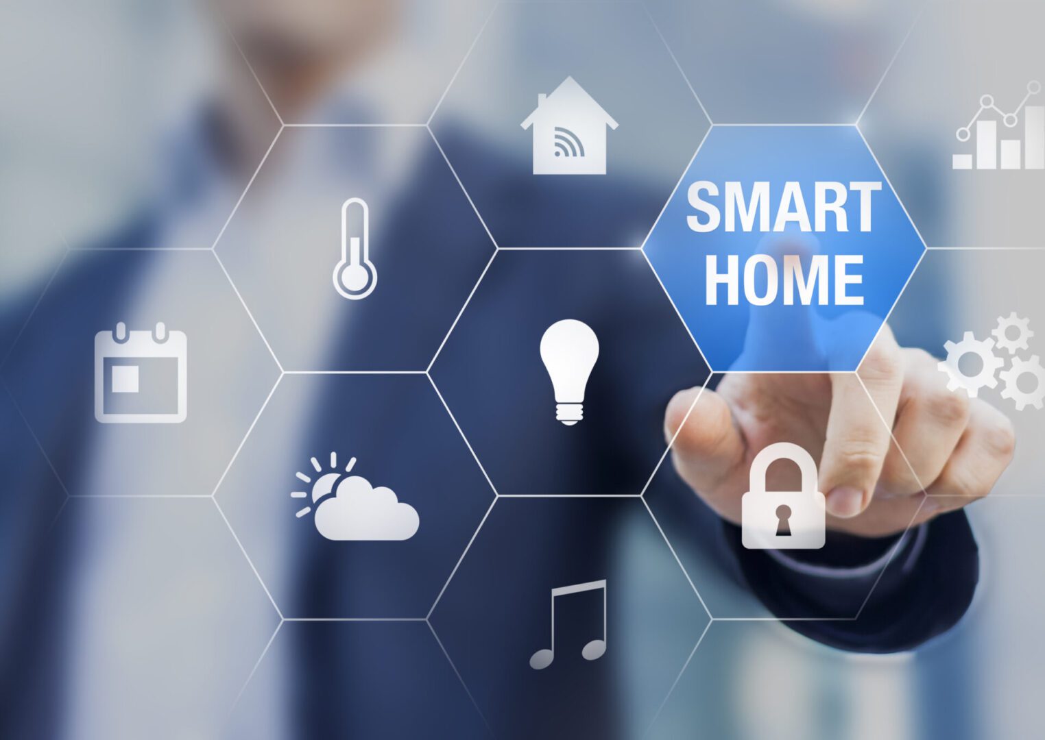 Smart home automation concept, icon for functionalities, person touching button Livable Canada